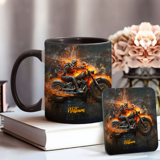 Mug personnalisé pour motard avec squelette sur une moto enflammée