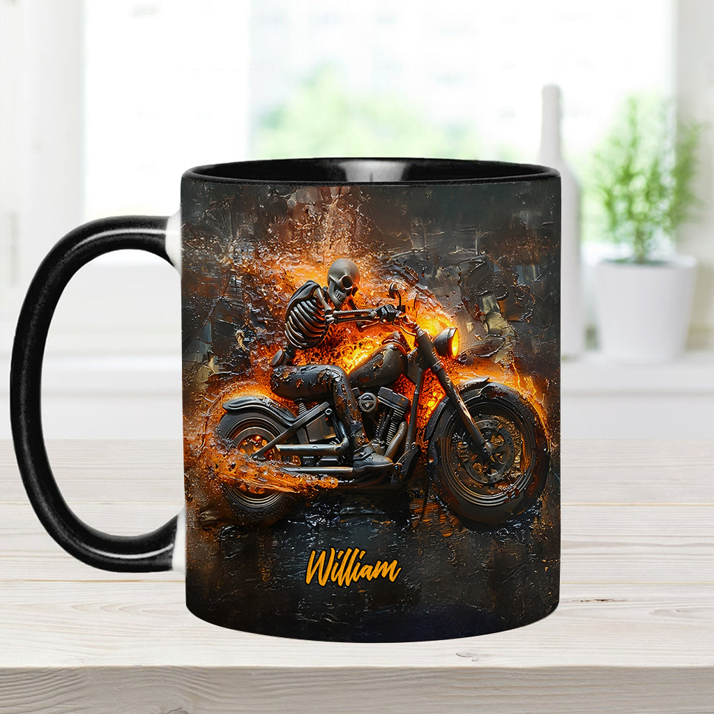 Mug personnalisé pour motard avec squelette sur une moto enflammée