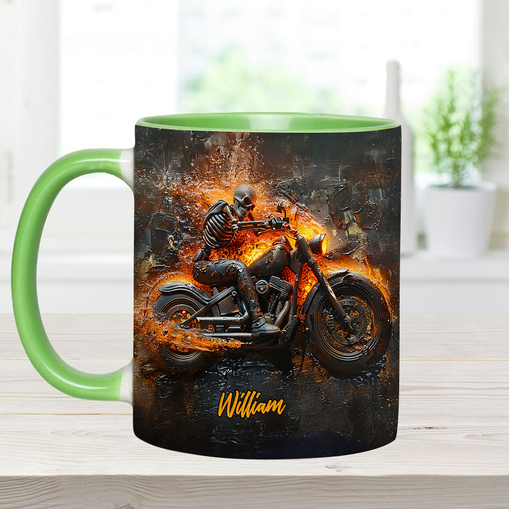 Mug personnalisé pour motard avec squelette sur une moto enflammée