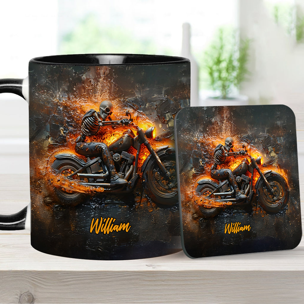 Mug personnalisé pour motard avec squelette sur une moto enflammée