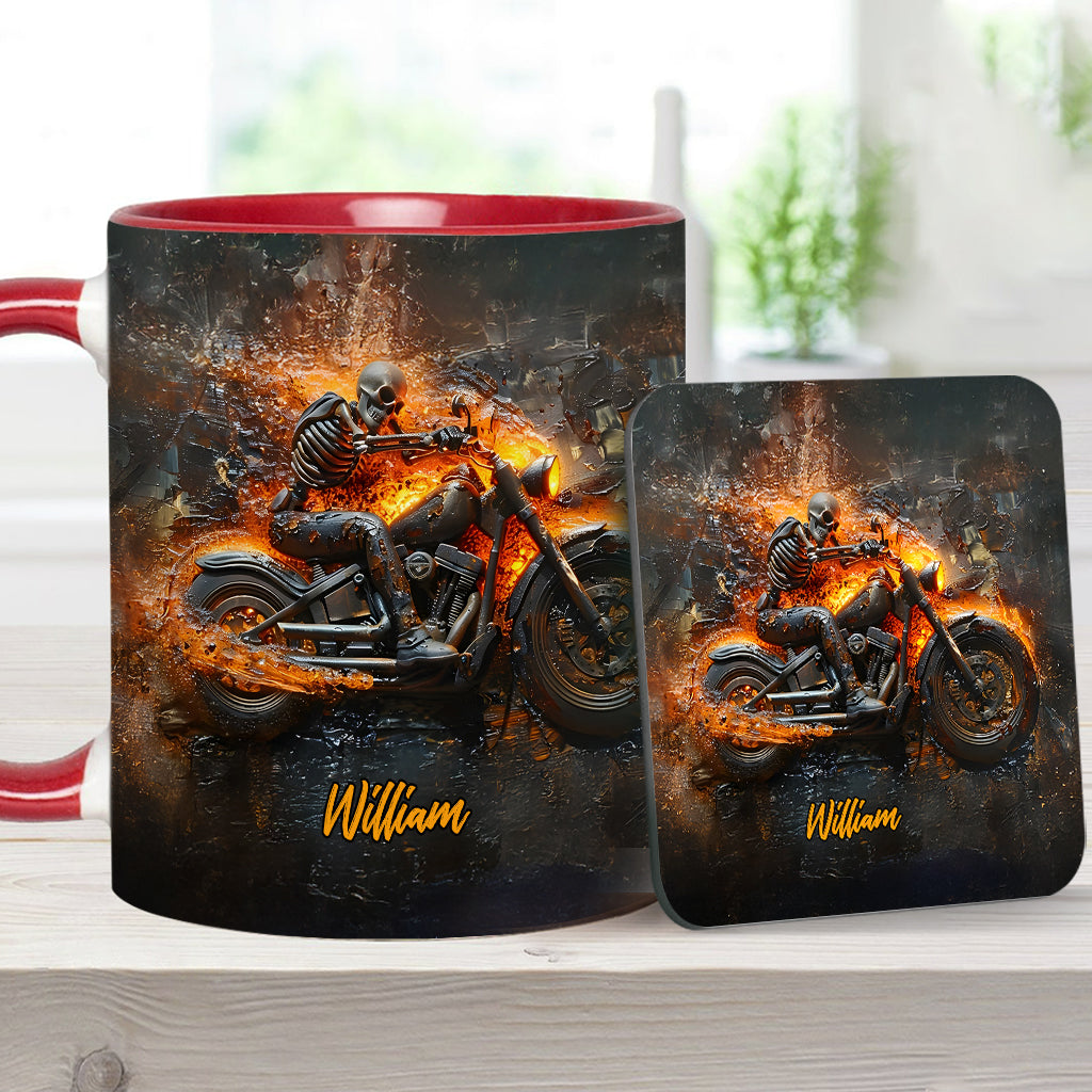 Mug personnalisé pour motard avec squelette sur une moto enflammée