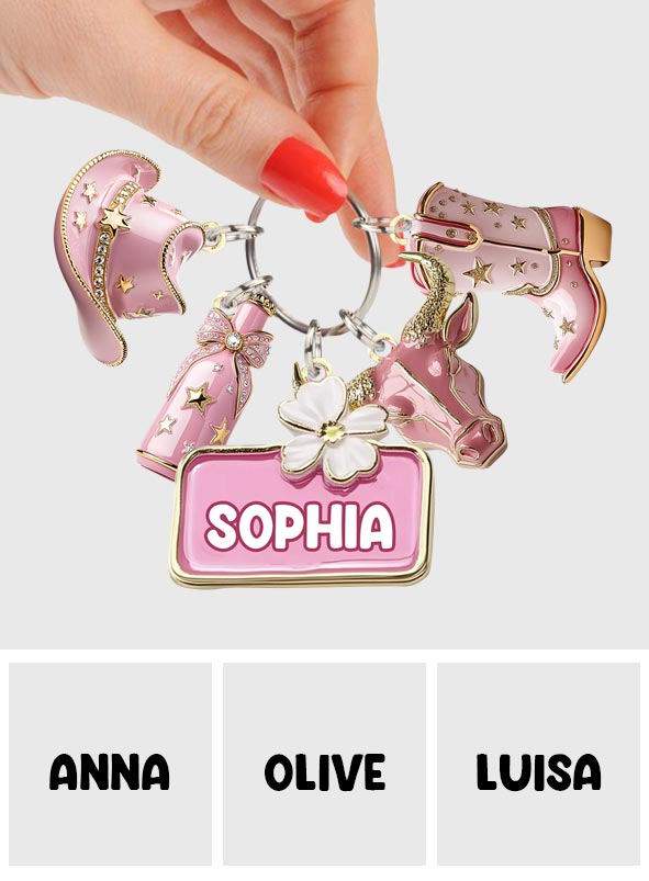Porte-clés cowgirl rose personnalisé avec breloques