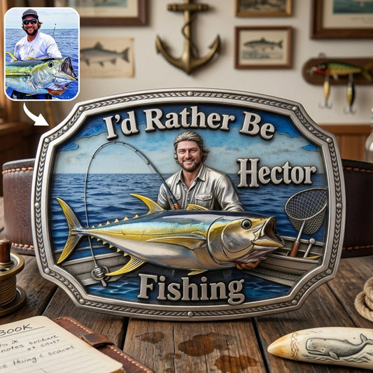 I'd Rather Be Fishing - Personalized Fishing Leather Belt With Shaped Buckle