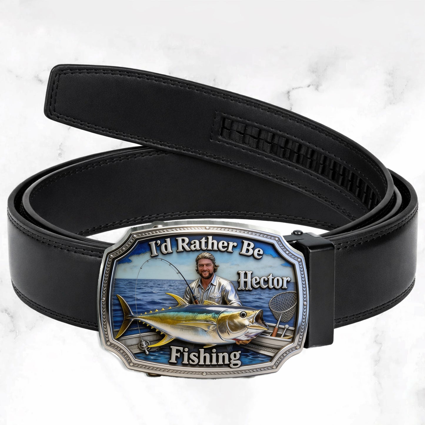I'd Rather Be Fishing - Personalized Fishing Leather Belt With Shaped Buckle