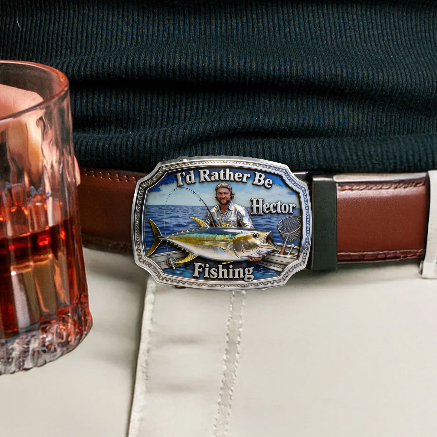 I'd Rather Be Fishing - Personalized Fishing Leather Belt With Shaped Buckle