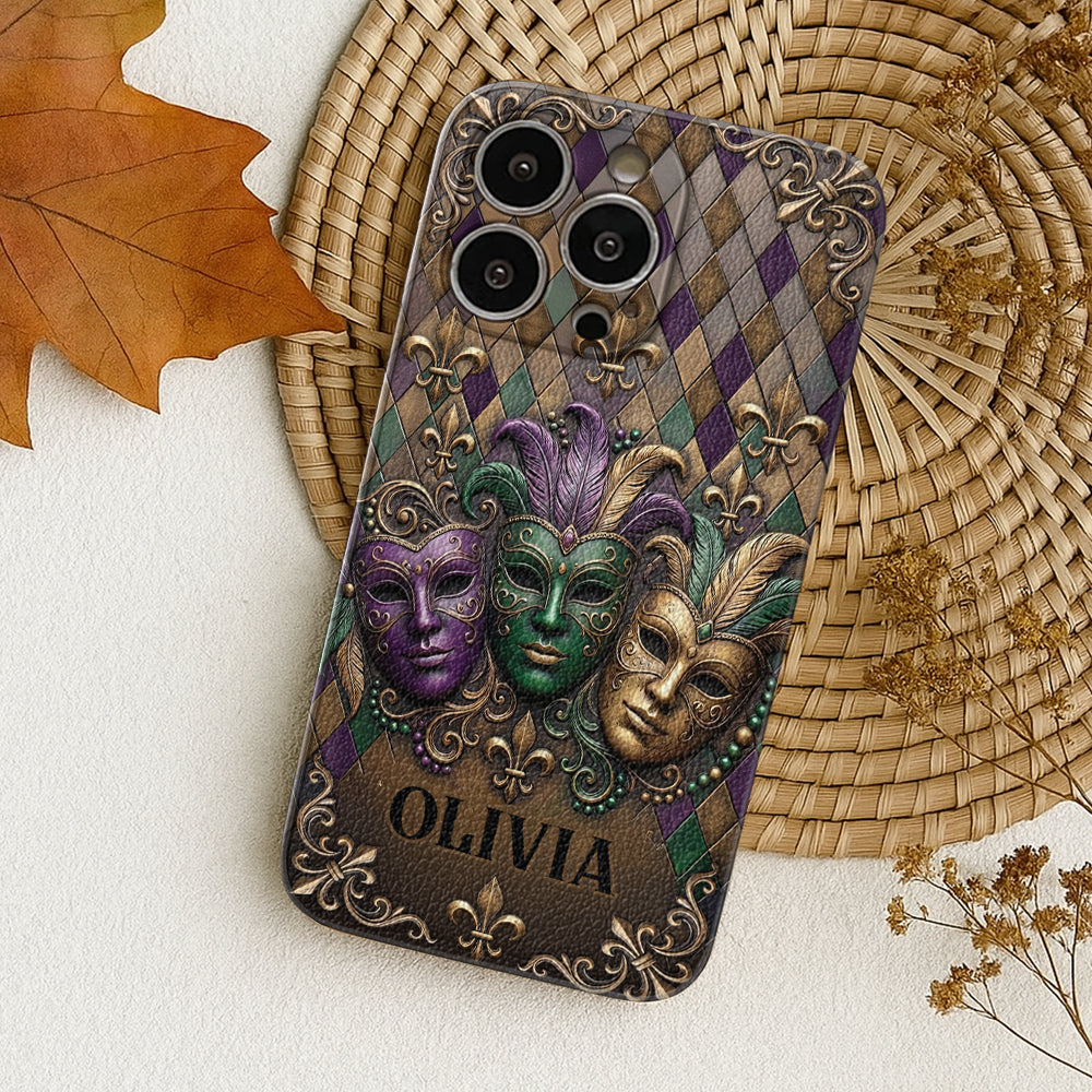 Mardi Gras Fleur de Lis - Personalized Mardi Gras Leather Phone Case