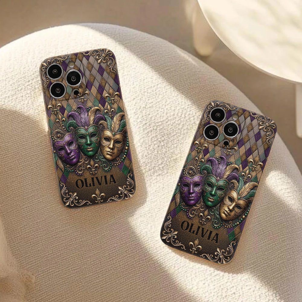 Mardi Gras Fleur de Lis - Personalized Mardi Gras Leather Phone Case
