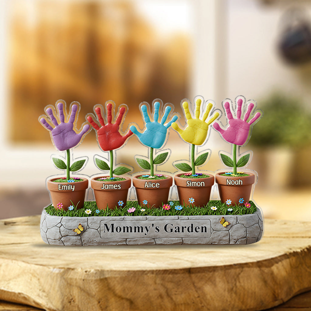 Magnifique cadeau d'empreinte de main d'enfant dans un jardin pour maman ou grand-mère - Plaque acrylique personnalisée avec empreinte de main