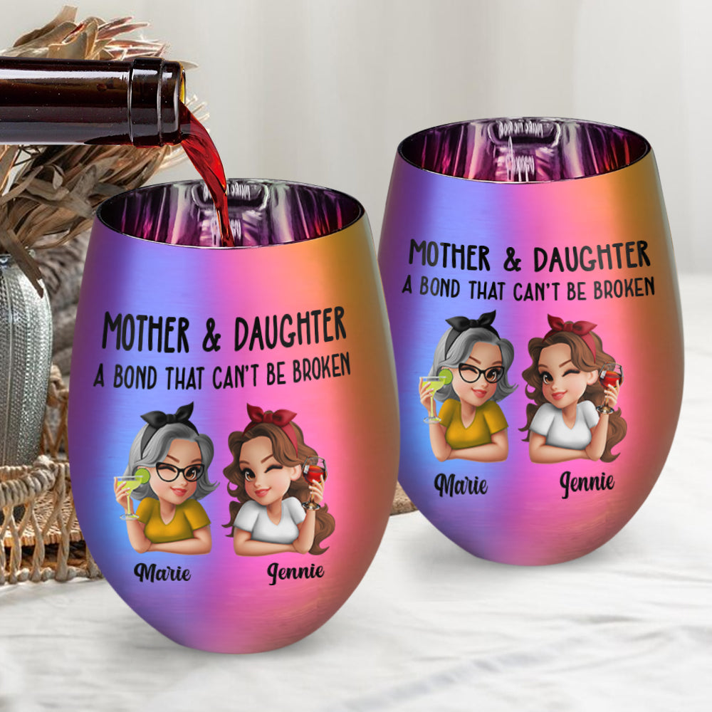 Mère et fille : un lien indéfectible - Verre à vin métallique personnalisé « Maman »