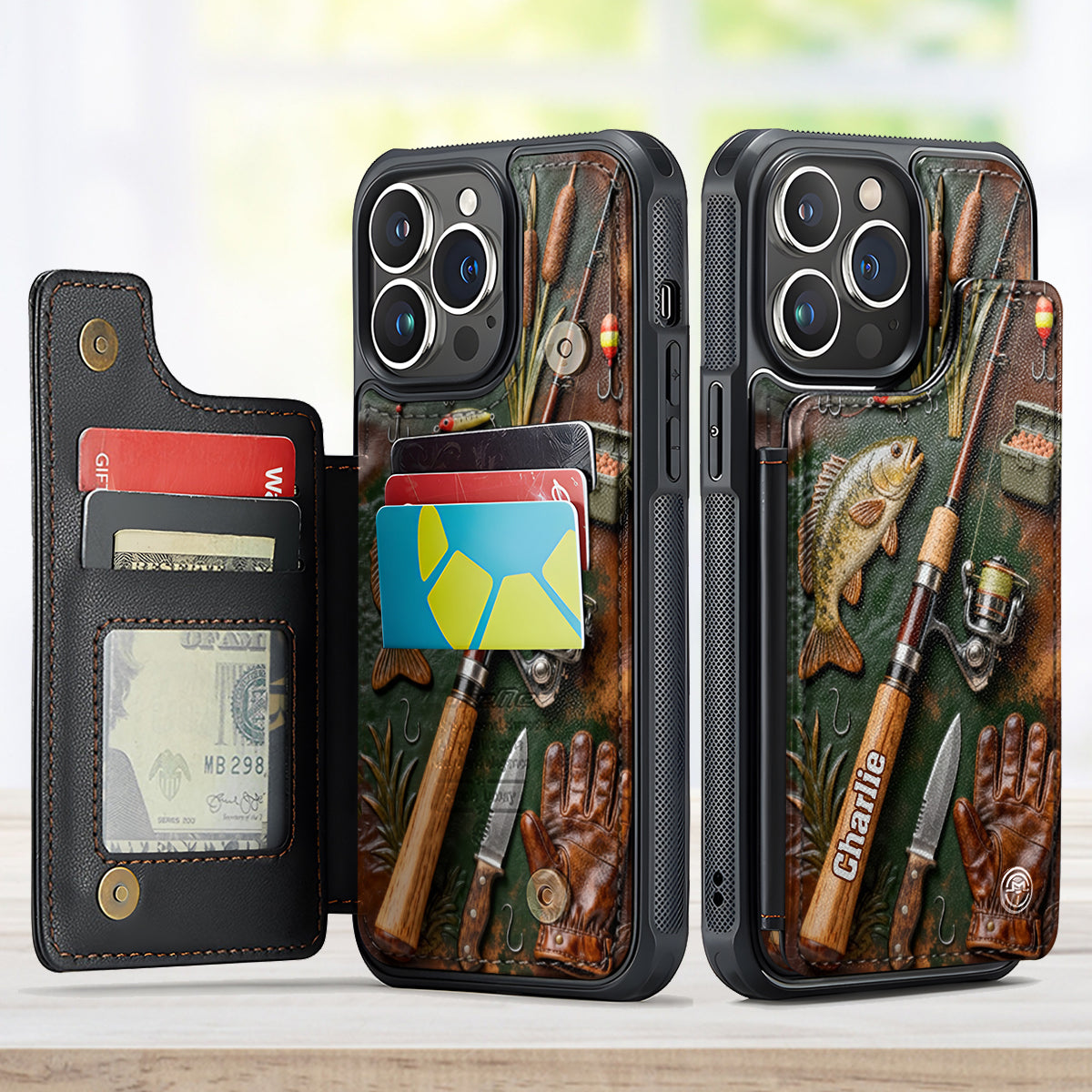 Passionné de pêche ? Étui portefeuille pour téléphone personnalisé avec impression sur le thème de la pêche.