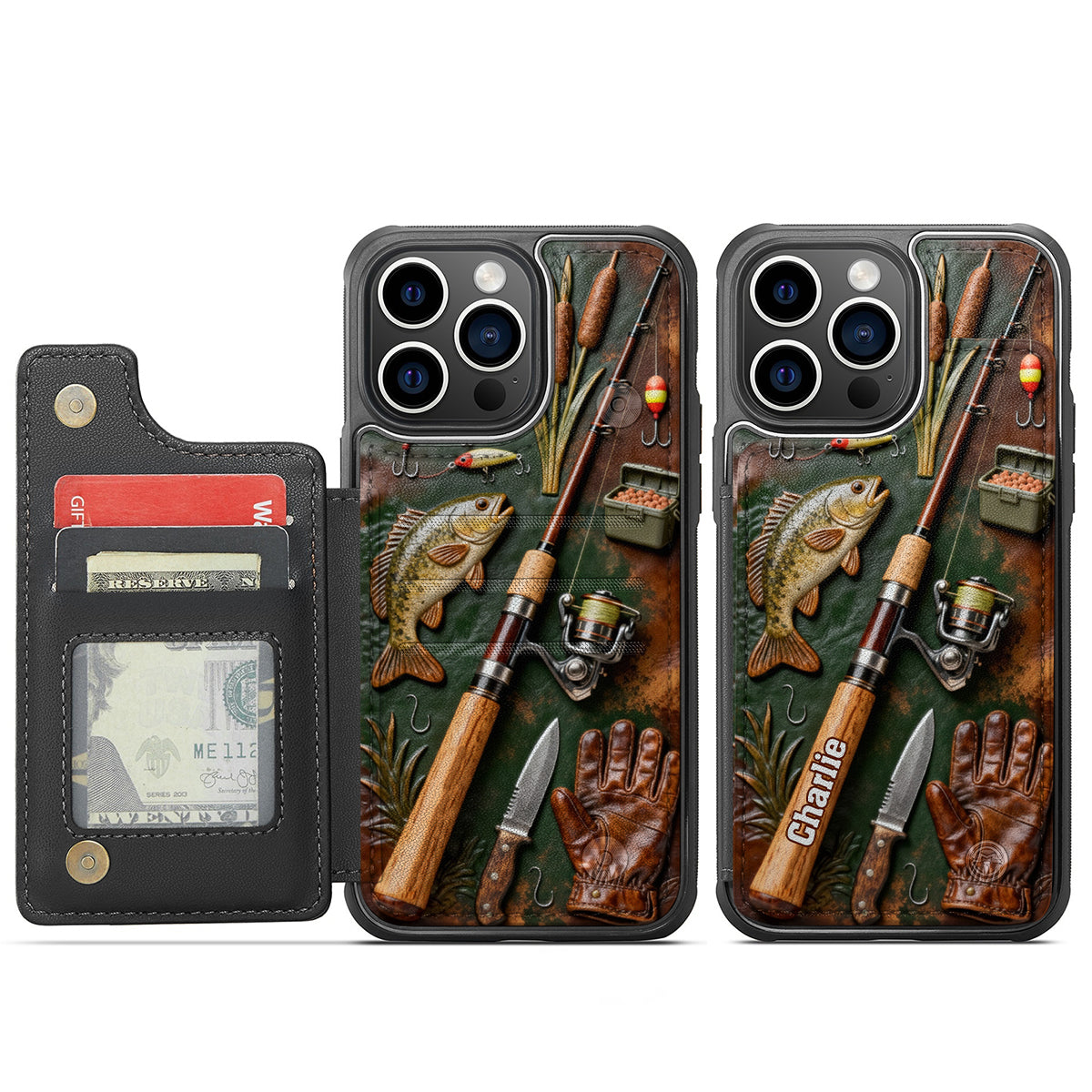Passionné de pêche ? Étui portefeuille pour téléphone personnalisé avec impression sur le thème de la pêche.