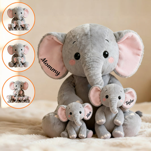 Coussin personnalisé en fausse fourrure de qualité supérieure « Maman/Grand-mère Éléphant avec petits-enfants »