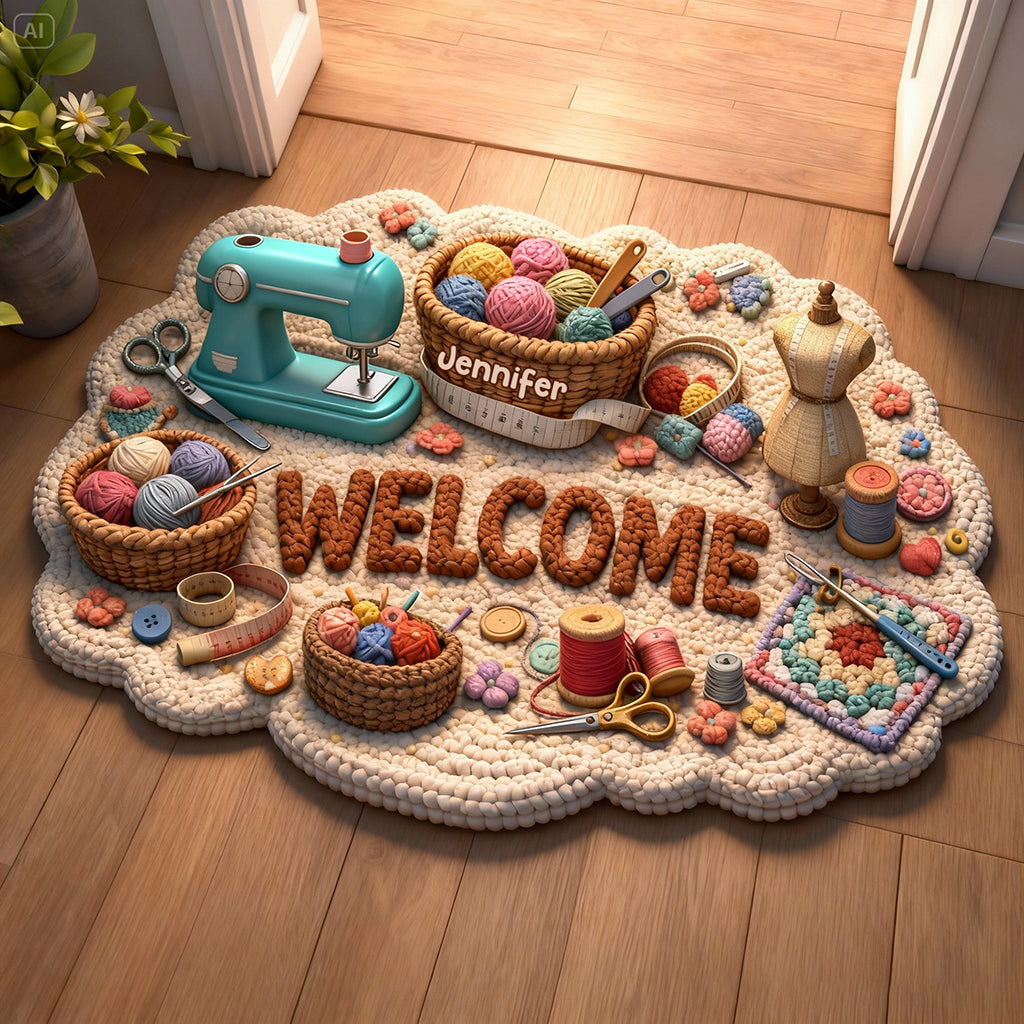 Cadeau idéal pour les passionnés de couture : paillasson/tapis de porte personnalisé en forme de point de couture.