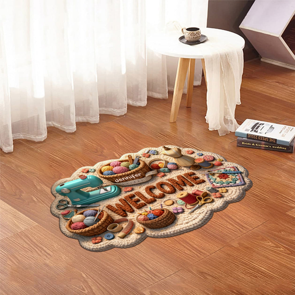 Cadeau idéal pour les passionnés de couture : paillasson/tapis de porte personnalisé en forme de point de couture.