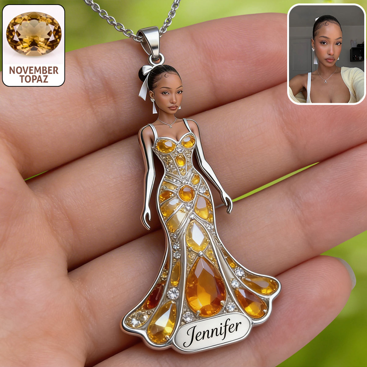 Any Birth Stone Effect - Personalized Birth Stone Shaped Metal Pendant Necklace