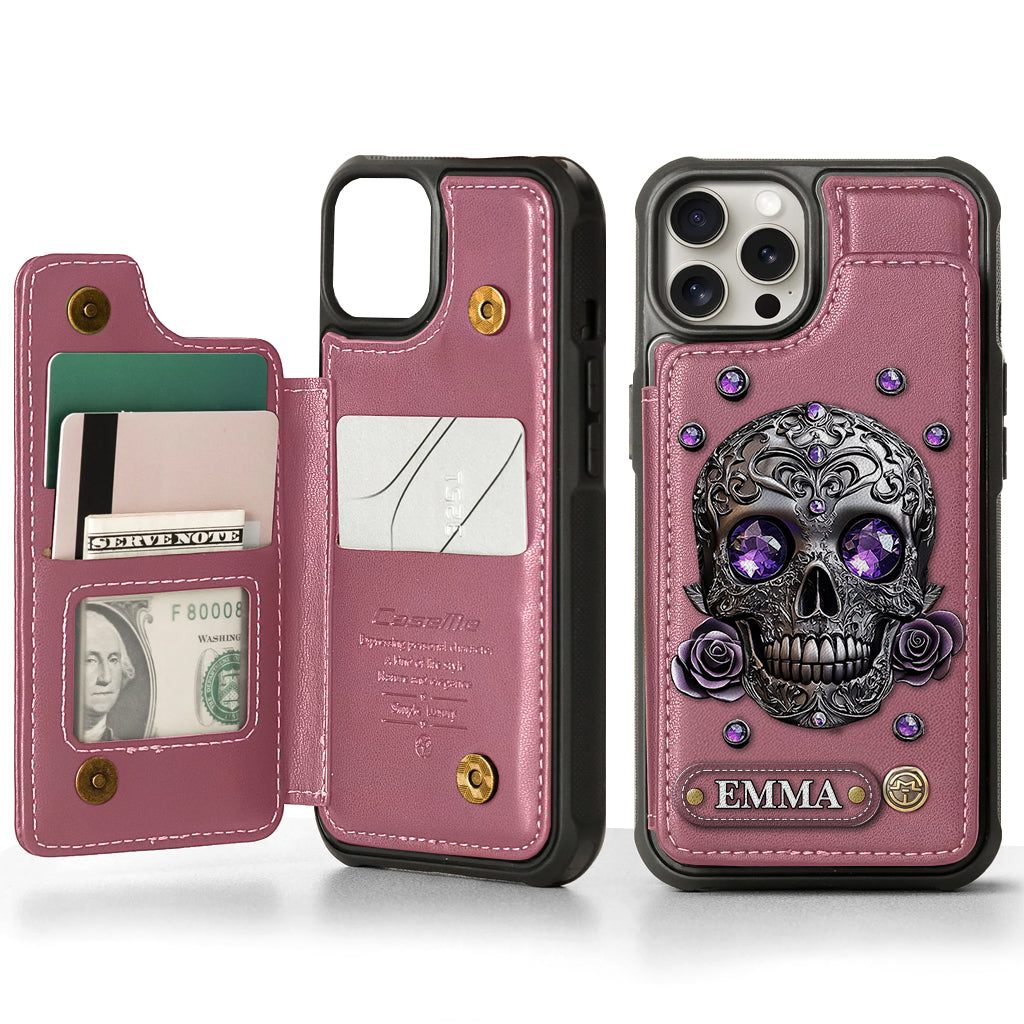 Étui portefeuille personnalisé avec tête de mort et roses