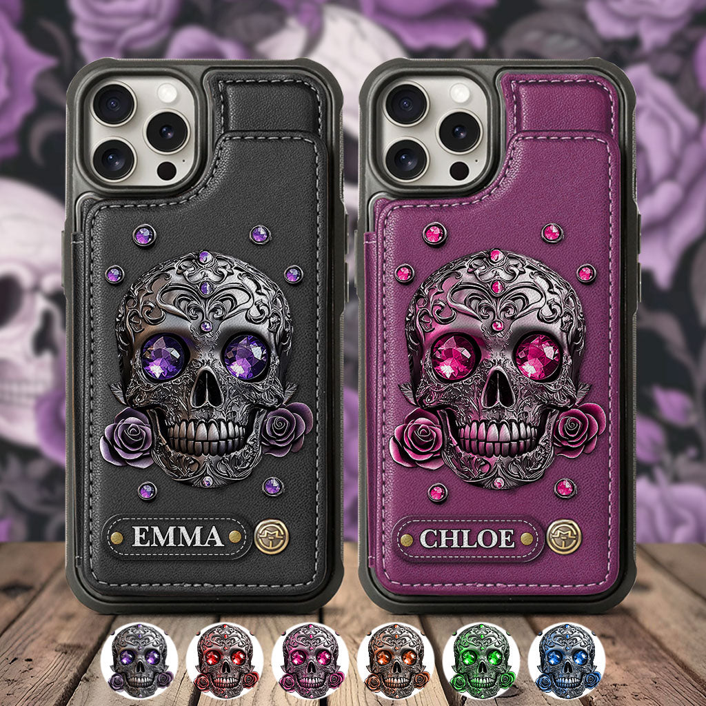 Étui portefeuille personnalisé avec tête de mort et roses