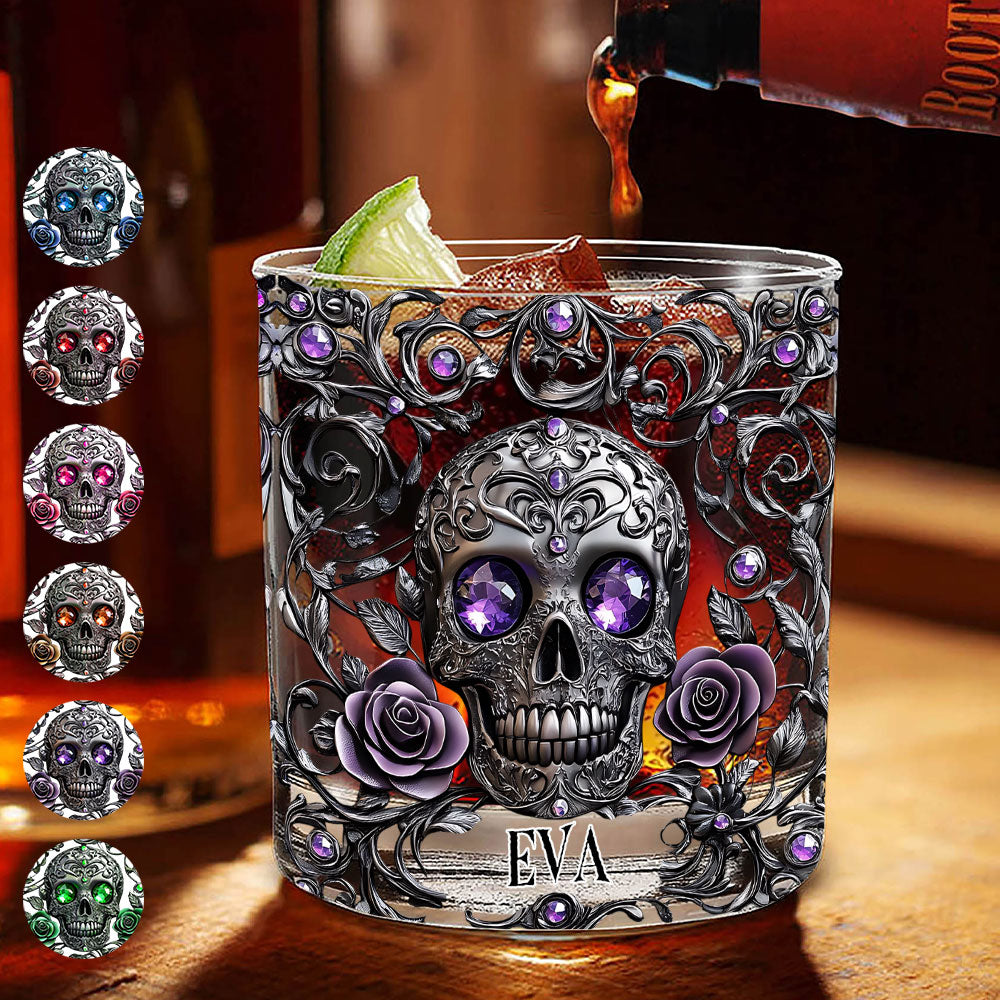 Beautiful Skull And Roses - Personalized Skull Whiskey Glass