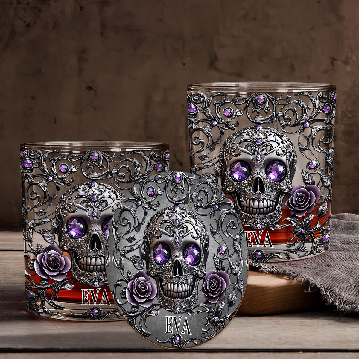 Beautiful Skull And Roses - Personalized Skull Whiskey Glass