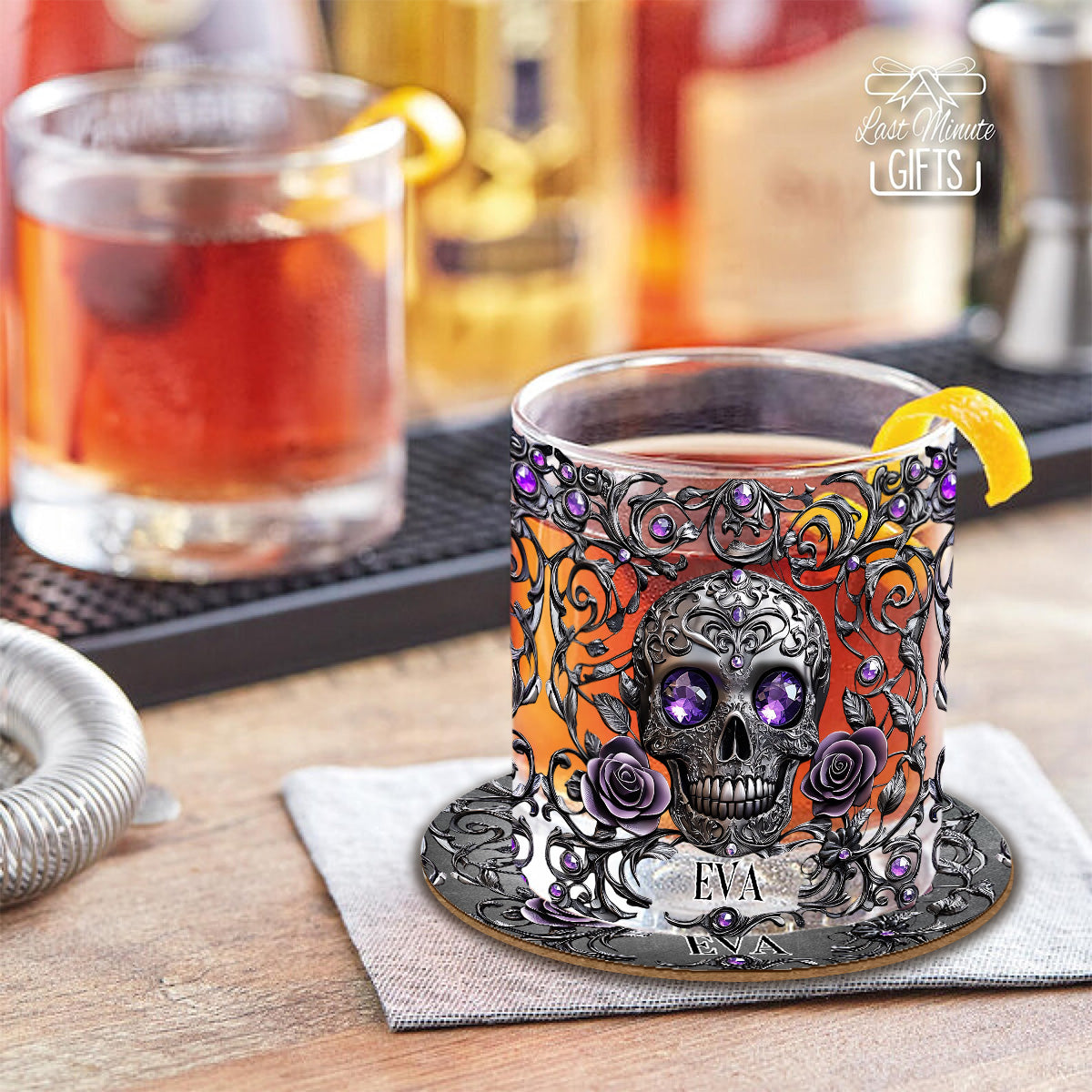 Beautiful Skull And Roses - Personalized Skull Whiskey Glass