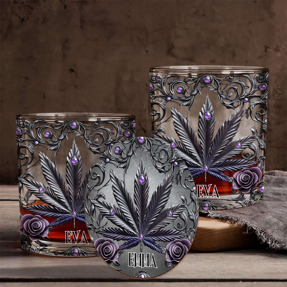 Magnifiques verres à whisky personnalisés au cannabis