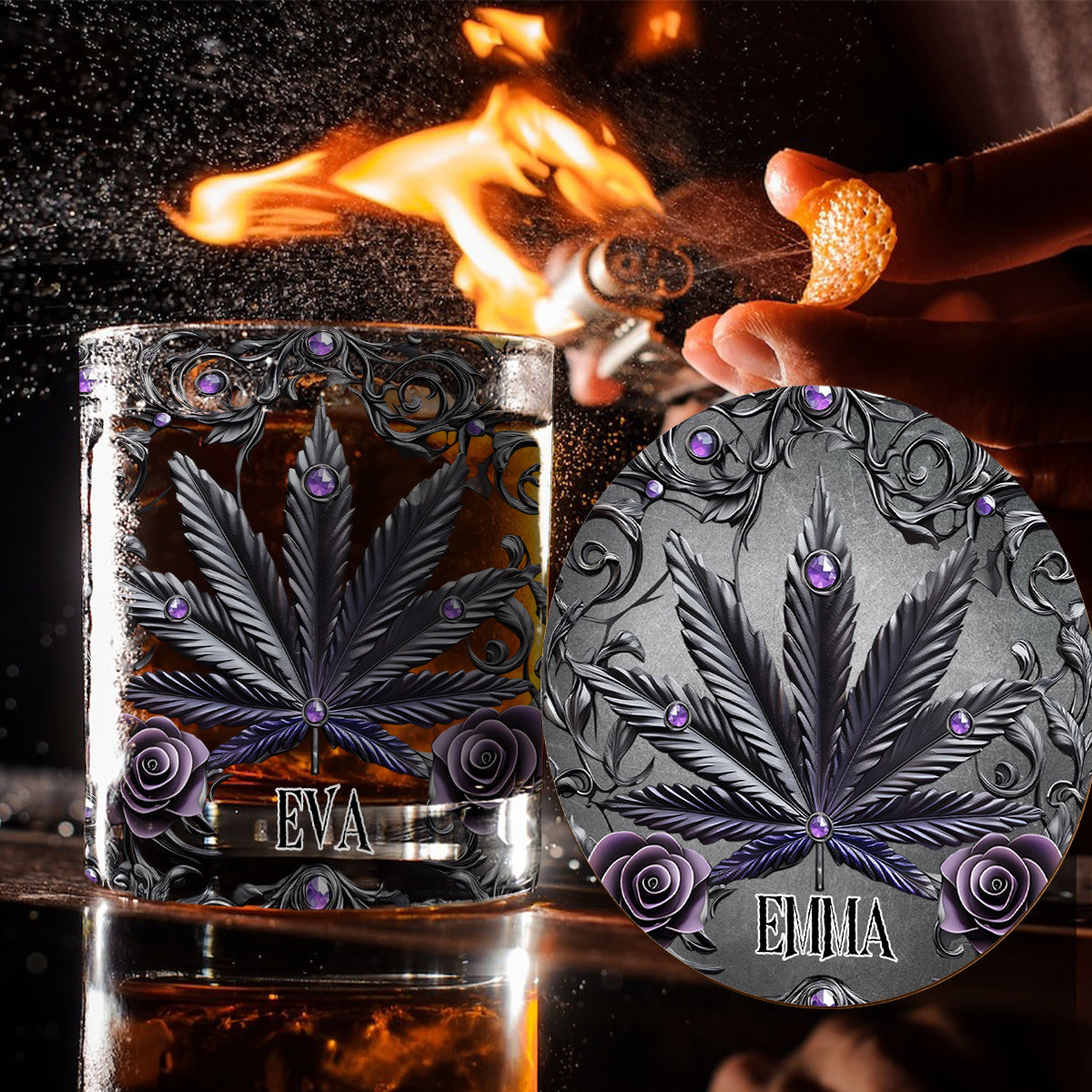 Magnifiques verres à whisky personnalisés au cannabis