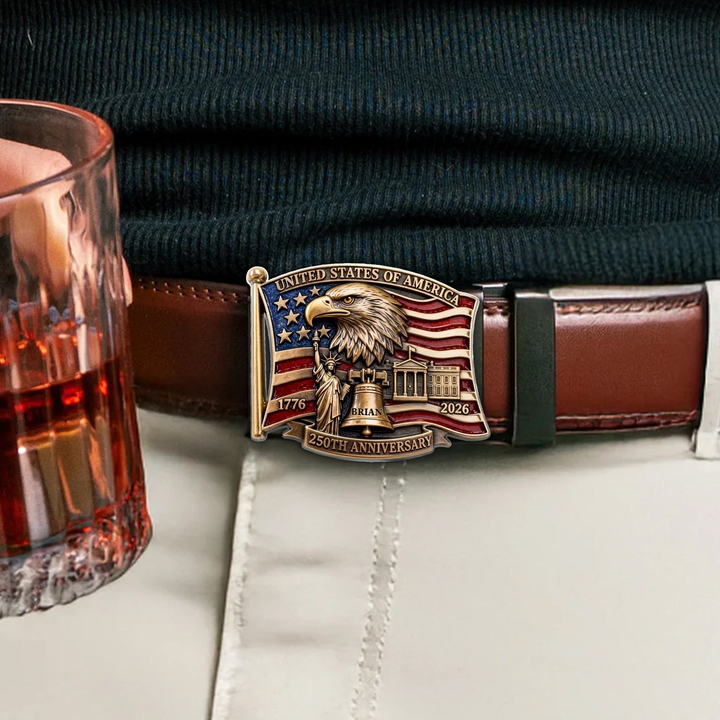 250th Anniversary Of United States - Personalized Patriot Leather Belt With Shaped Buckle