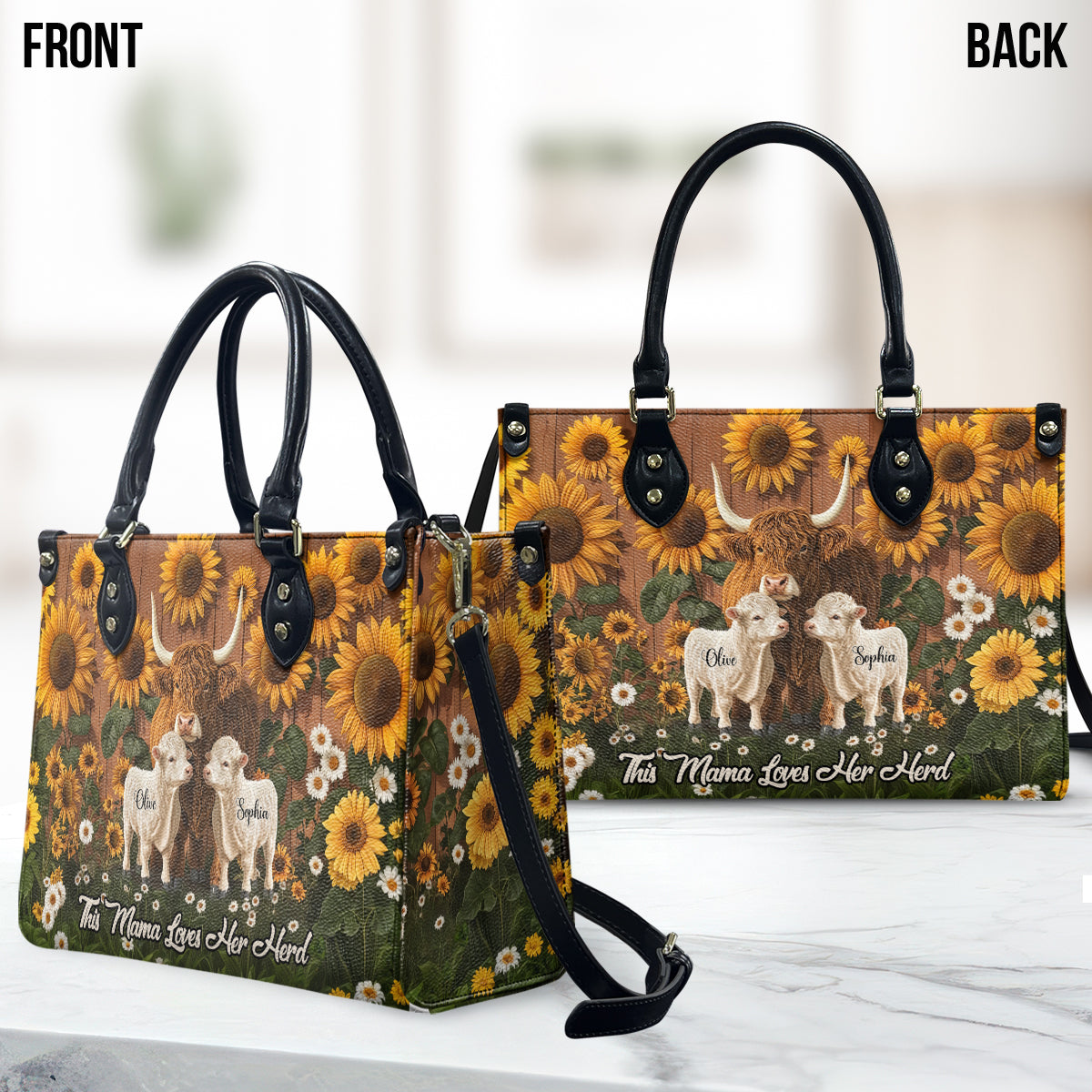 Cette maman aime son troupeau - Sac à main en cuir personnalisé « Maman »
