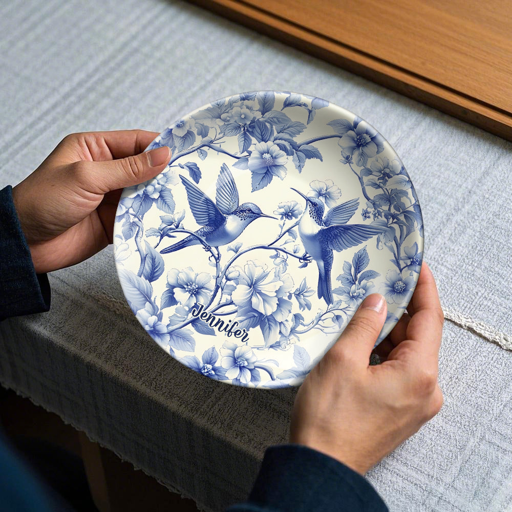 Stunning Hummingbird Toile de Jouy Pattern - Personalized Hummingbird Ceramic Round Plate