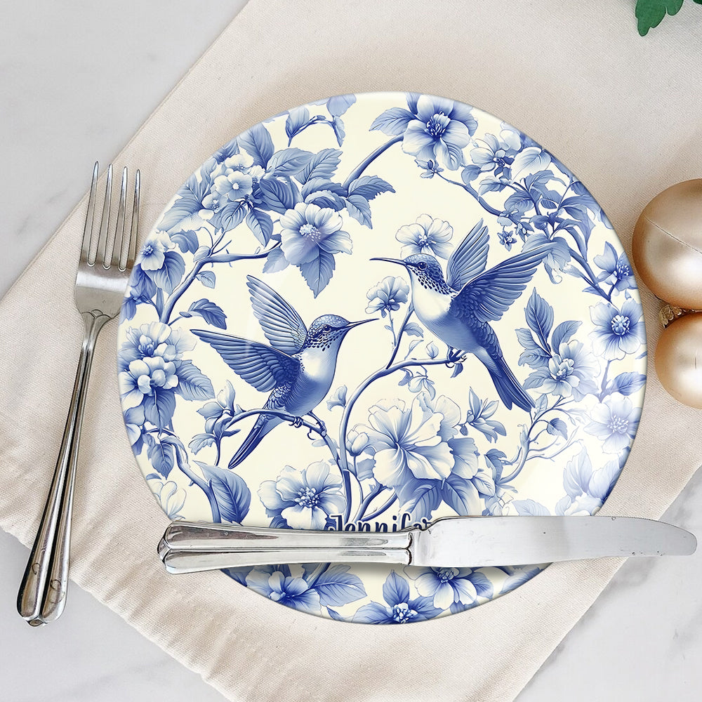 Stunning Hummingbird Toile de Jouy Pattern - Personalized Hummingbird Ceramic Round Plate