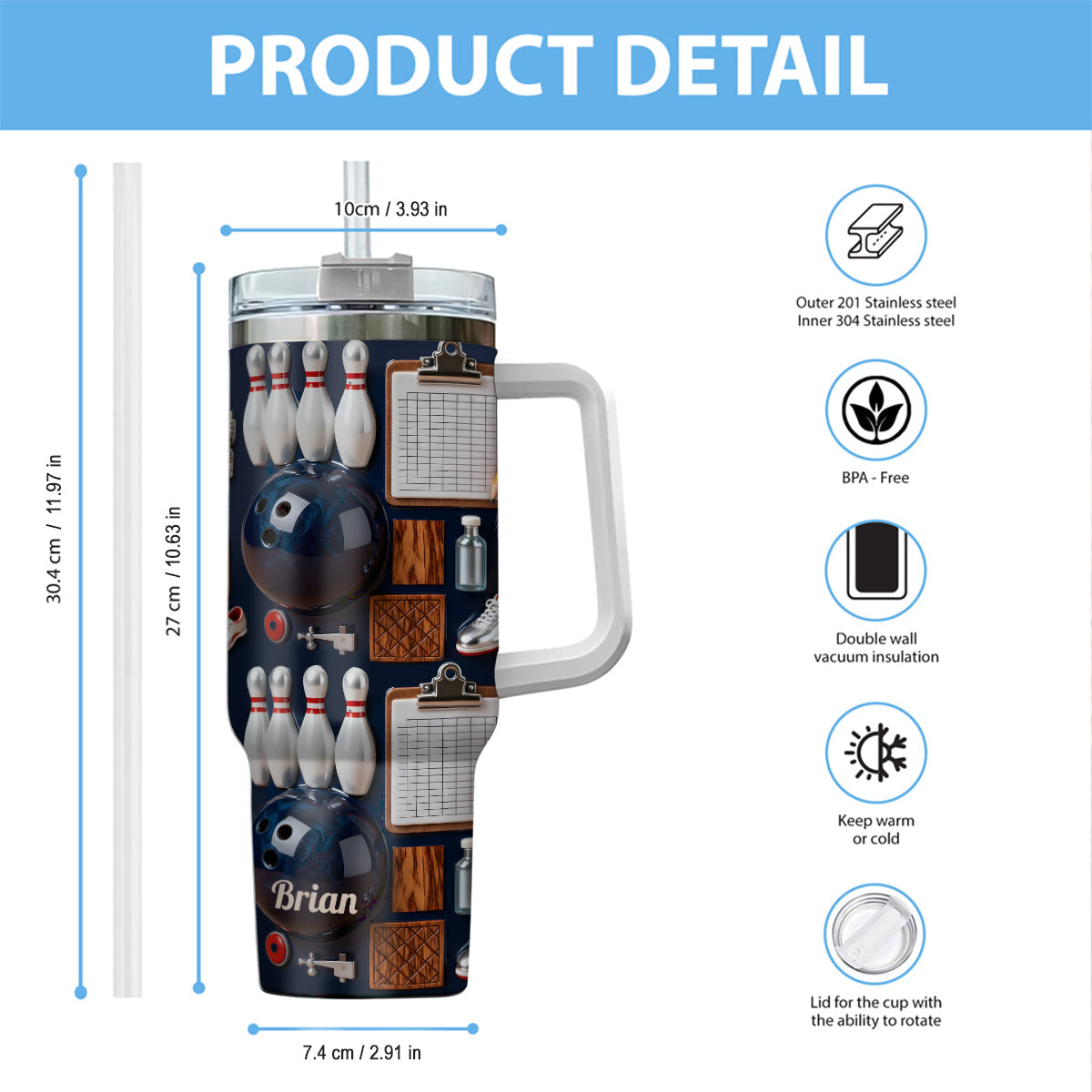 Gobelet de bowling personnalisé avec poignée « J’adore le bowling »