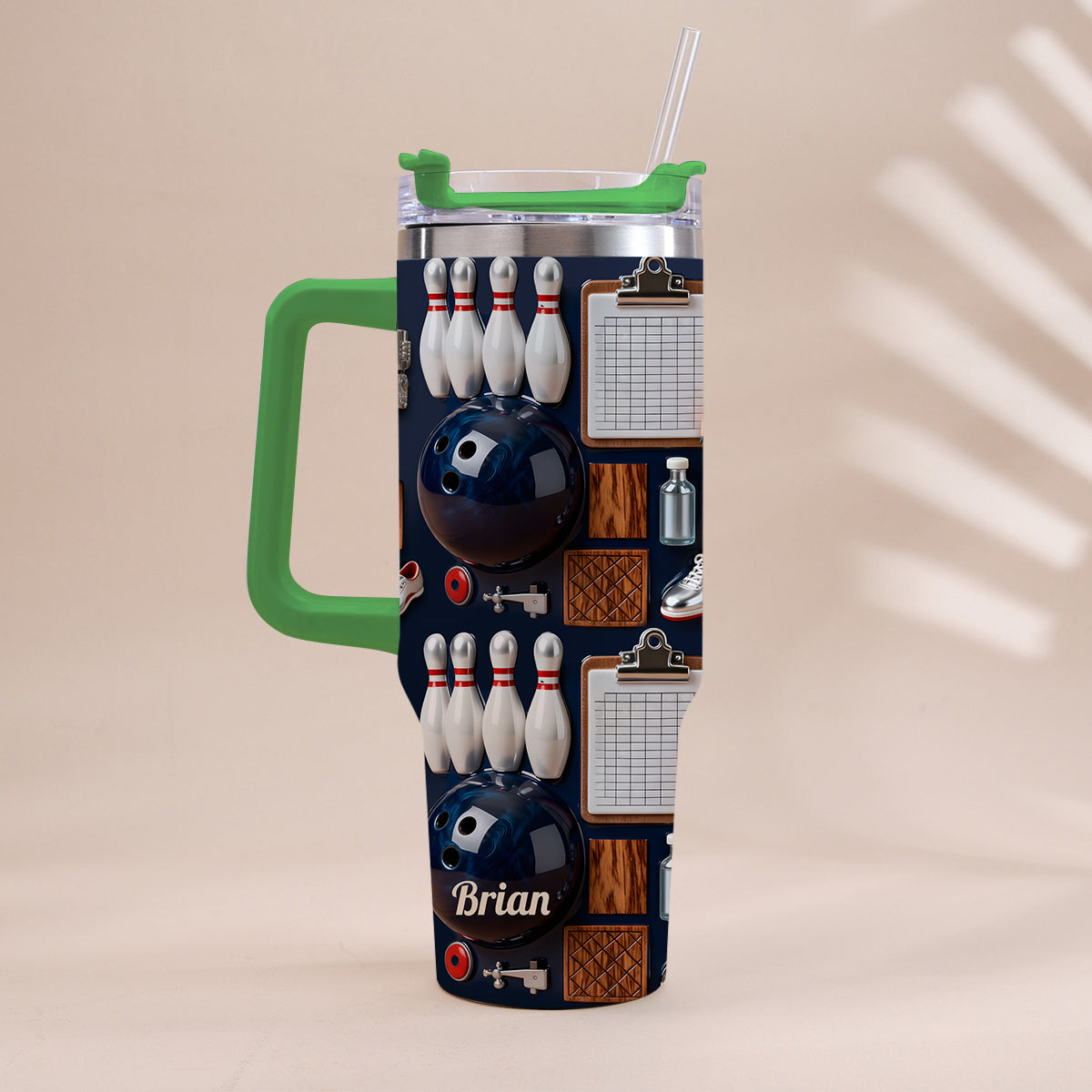 Gobelet de bowling personnalisé avec poignée « J’adore le bowling »