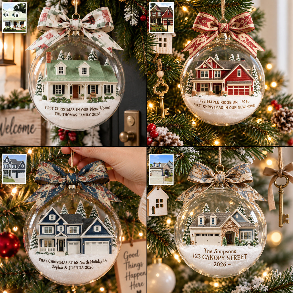 First Christmas in Our New Home - Personalized Family Snow Globe Ornament With Bow