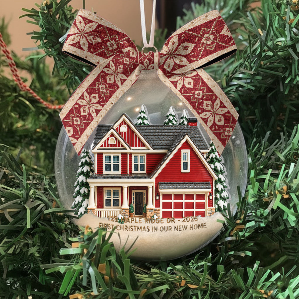 First Christmas in Our New Home - Personalized Family Snow Globe Ornament With Bow