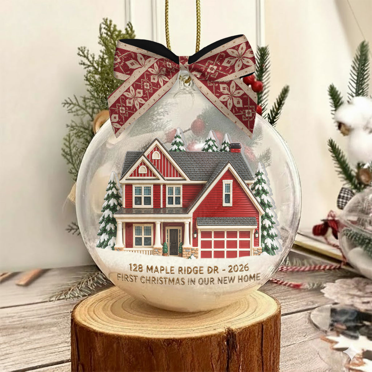 First Christmas in Our New Home - Personalized Family Snow Globe Ornament With Bow
