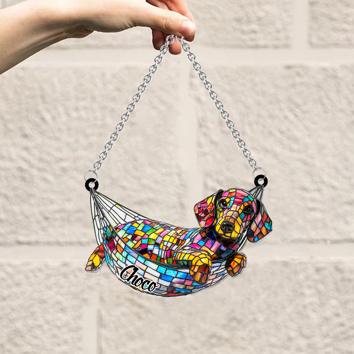 Stained Glass Chilling Dog - Personalized Dog Window Hanging Suncatcher Ornament