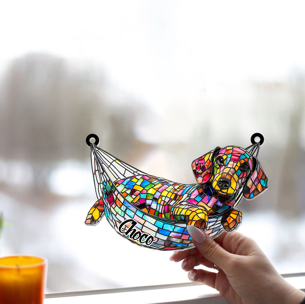 Stained Glass Chilling Dog - Personalized Dog Window Hanging Suncatcher Ornament