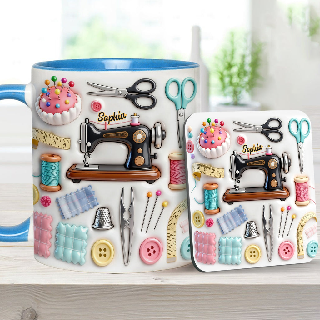 J'adore coudre - Mug et sous-verre personnalisés sur le thème de la couture