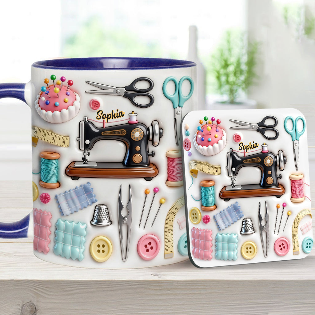 J'adore coudre - Mug et sous-verre personnalisés sur le thème de la couture