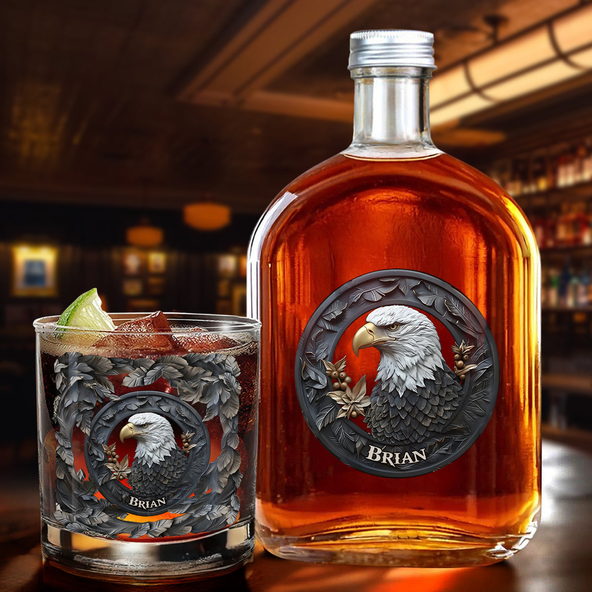 Strong Eagle - Bouteille et verre à whisky personnalisés avec aigle à tête blanche