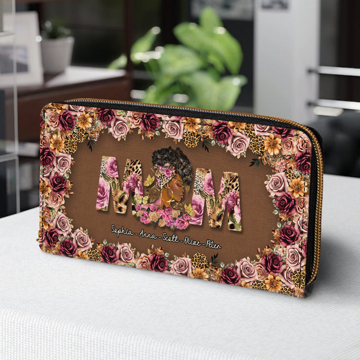 Portefeuille long en cuir personnalisé « Maman afro léopard » - Grand-mère