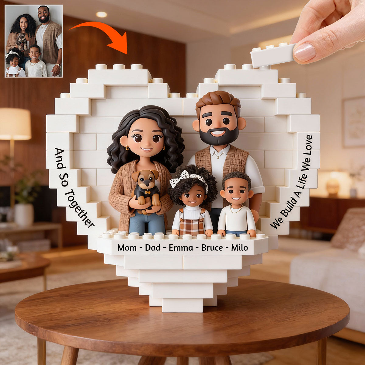 Together We Build A Life We Love - Personalized Family Heart Building Brick Blocks Printed On Both Sides