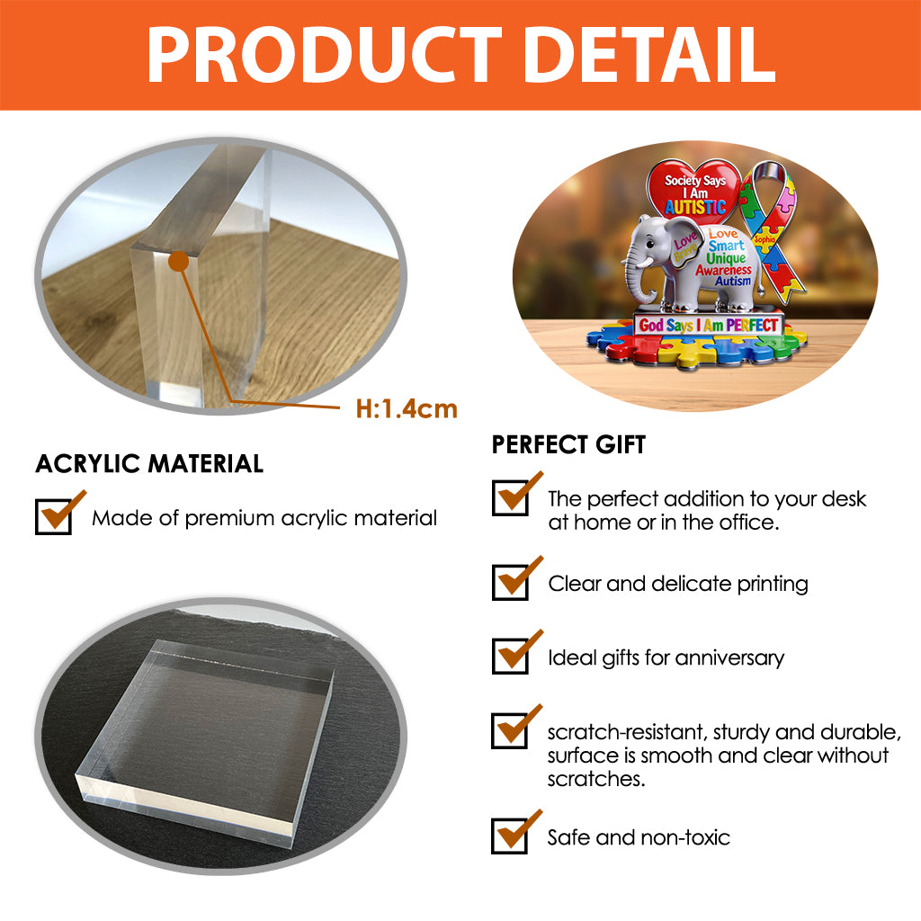 Elephant Puzzle I Am Perfect - Personalized Autism Awareness Custom Shaped Acrylic Plaque