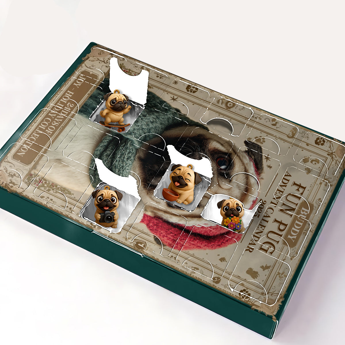 Calendrier de l'Avent personnalisé pour chien avec décorations - Un carlin amusant pour Noël