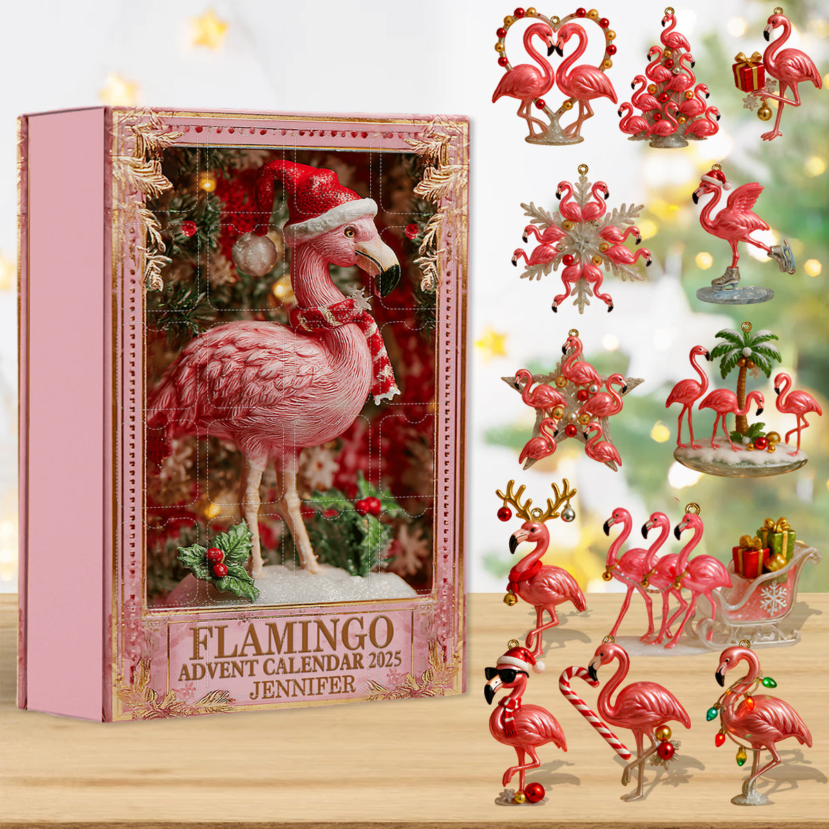 Christmas Flamingo - Personalized Flamingo Advent Calendar With Ornaments