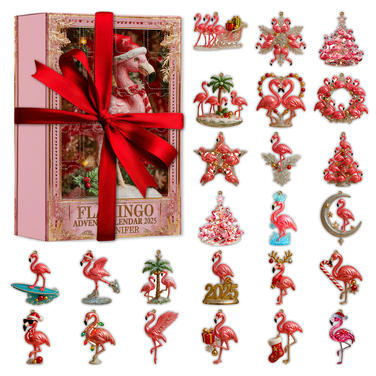 Christmas Flamingo - Personalized Flamingo Advent Calendar With Ornaments