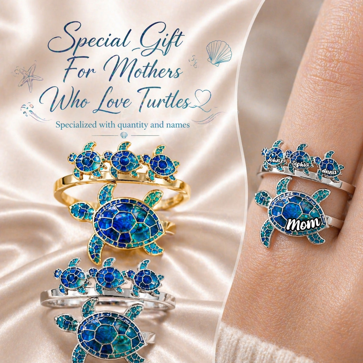 Tortue Maman - Bague Ajustable Personnalisée en Forme