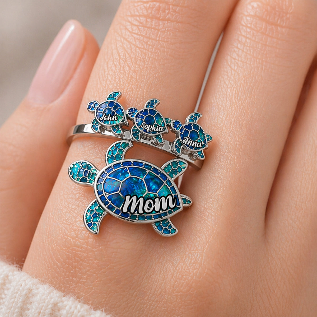 Tortue Maman - Bague Ajustable Personnalisée en Forme