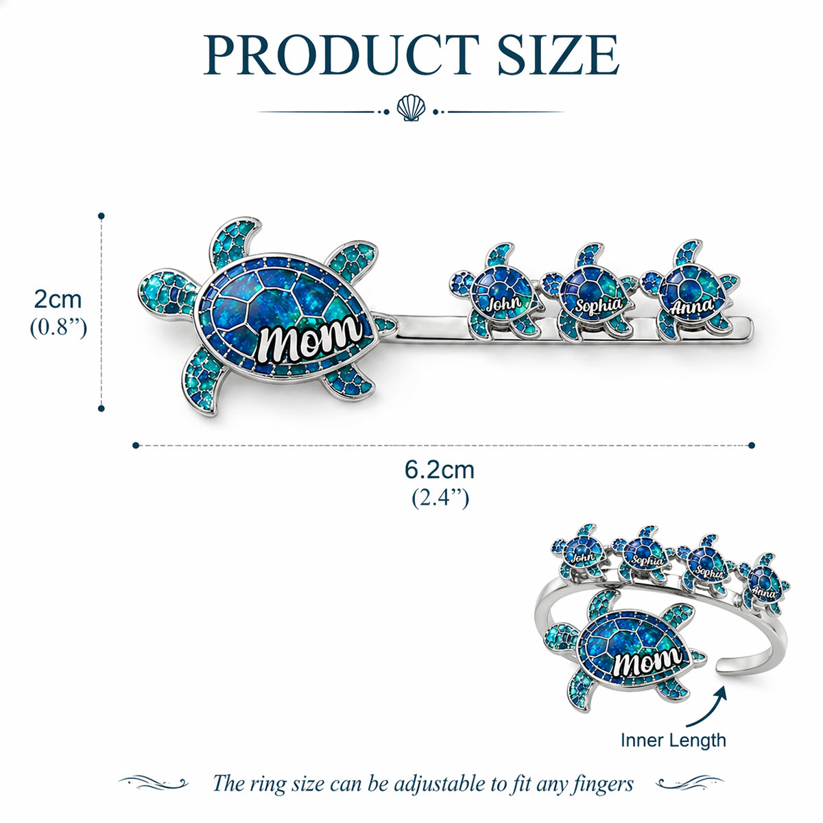 Tortue Maman - Bague Ajustable Personnalisée en Forme