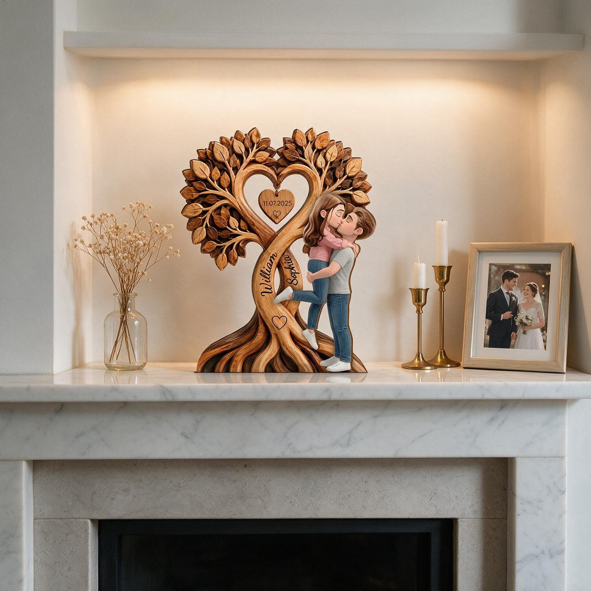Personalized Couple Heart Tree Custom Shaped Wooden Plaque - Romantic Anniversary Gift